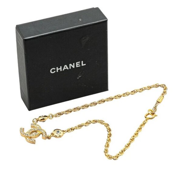 CHANEL CC Logos Rhinestone Necklace 19" Gold Tone Auth w/Box #07708 - Picture 6 of 6